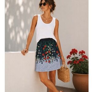 Anthropologie Cotton Skirt 12 Floral Stripe Zip Americana Preppy 4th July